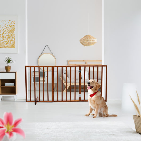 KFX-9302973 Brown Foldable 24-Inch Freestanding Wood Pet Fence for Indoor Use