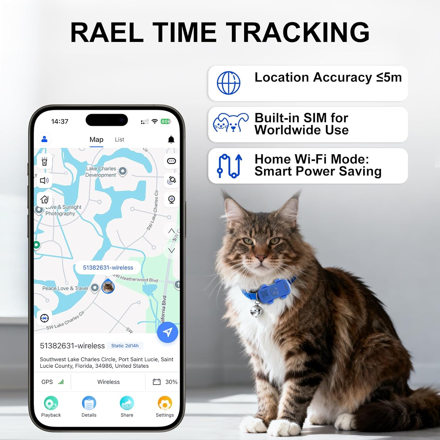 KFX-9304637 Real-Time Pet GPS Tracker with Geofence, Activity Monitoring, Waterproof Design, and Sound & Light Alerts