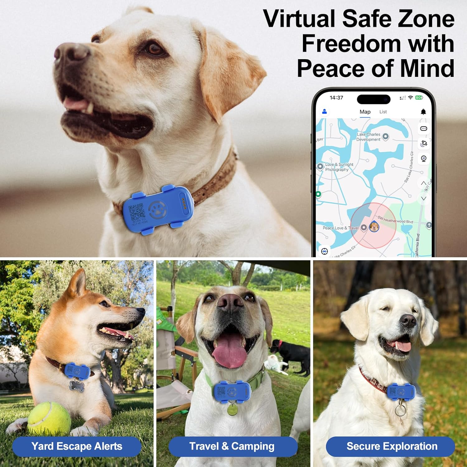 KFX-9304637 Real-Time Pet GPS Tracker with Geofence, Activity Monitoring, Waterproof Design, and Sound & Light Alerts