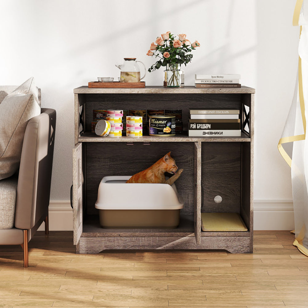 KFX-9305021 Gray Cat Litter Box Enclosure with Storage - Hidden Washroom Furniture and Scratching Pad