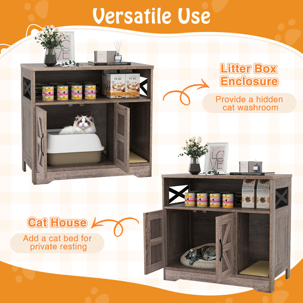 KFX-9305021 Gray Cat Litter Box Enclosure with Storage - Hidden Washroom Furniture and Scratching Pad