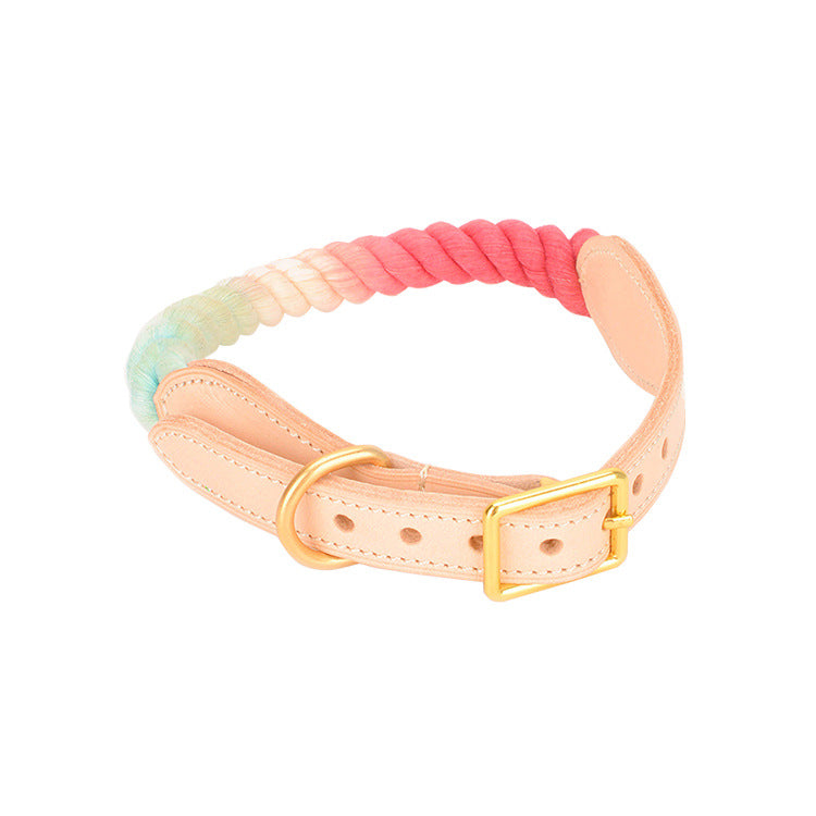 KFX-9309117 Gradient Color Vegetable Tanned Leather and Cotton Rope Pet Collar for Dogs and Cats