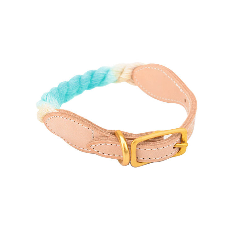 KFX-9309117 Gradient Color Vegetable Tanned Leather and Cotton Rope Pet Collar for Dogs and Cats