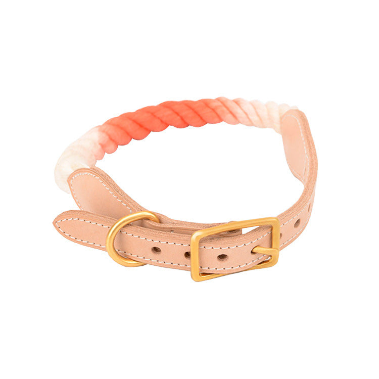 KFX-9309117 Gradient Color Vegetable Tanned Leather and Cotton Rope Pet Collar for Dogs and Cats