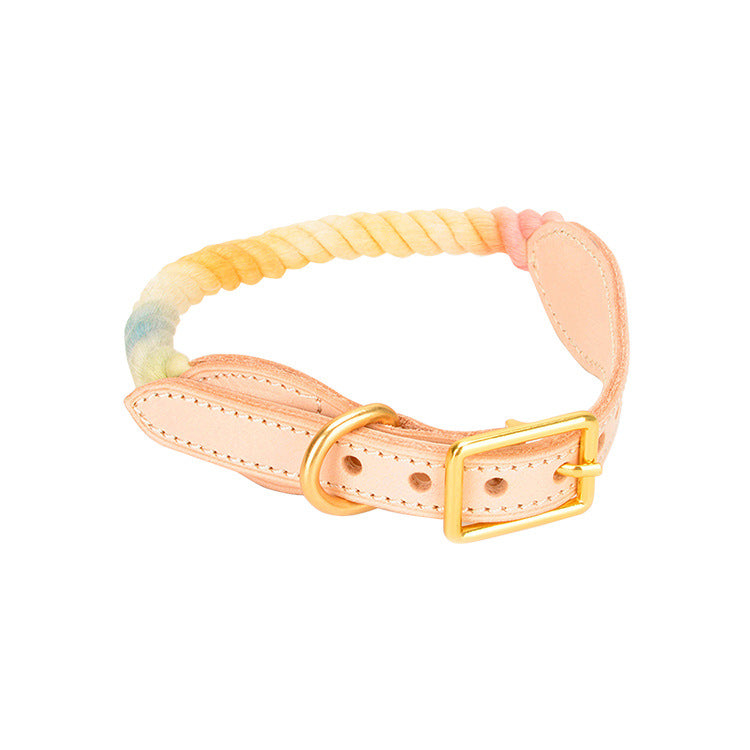 KFX-9309117 Gradient Color Vegetable Tanned Leather and Cotton Rope Pet Collar for Dogs and Cats