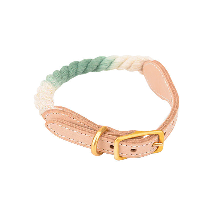 KFX-9309117 Gradient Color Vegetable Tanned Leather and Cotton Rope Pet Collar for Dogs and Cats