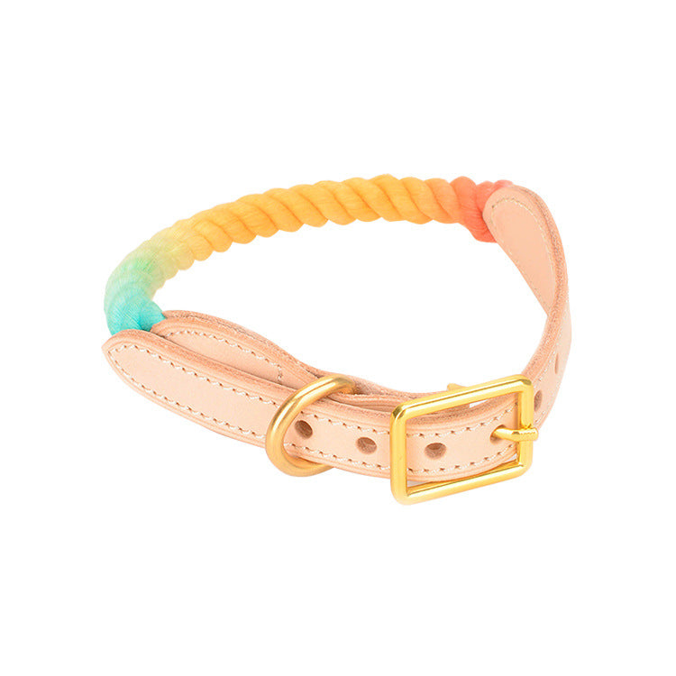KFX-9309117 Gradient Color Vegetable Tanned Leather and Cotton Rope Pet Collar for Dogs and Cats