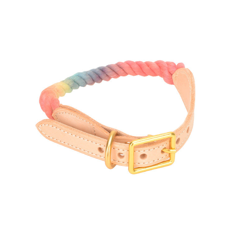 KFX-9309117 Gradient Color Vegetable Tanned Leather and Cotton Rope Pet Collar for Dogs and Cats