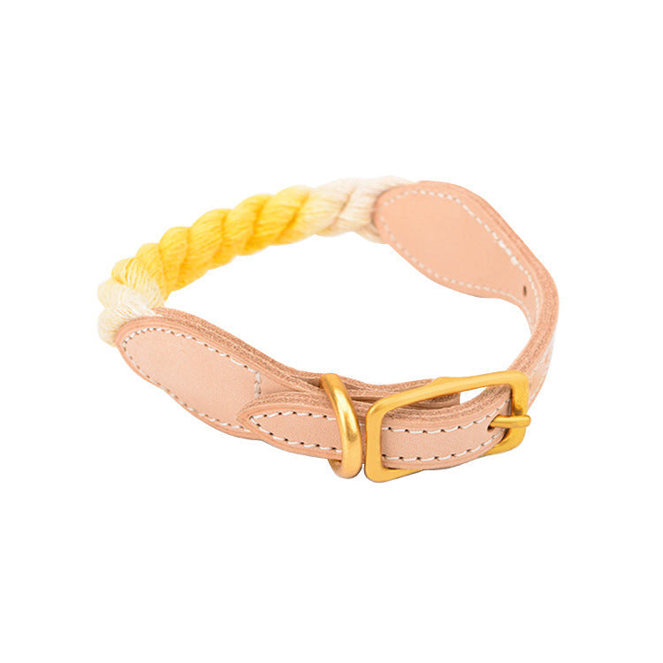 KFX-9309117 Gradient Color Vegetable Tanned Leather and Cotton Rope Pet Collar for Dogs and Cats