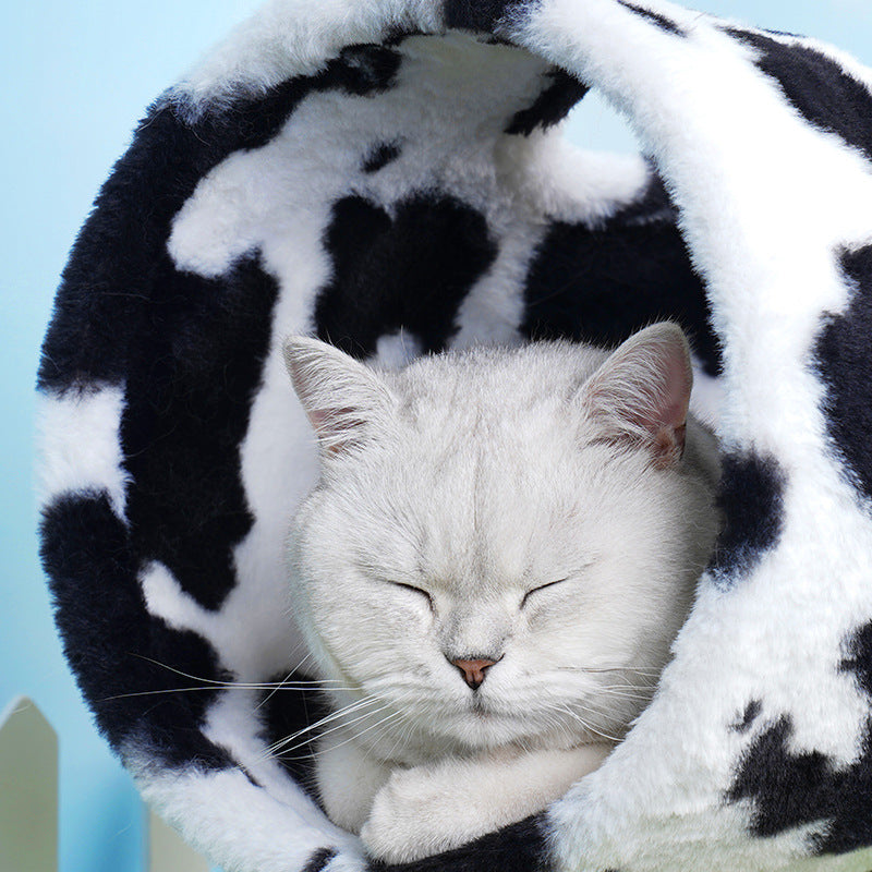 KFX-9310397 Cow Print Cat Climbing Frame with Scratching Post and Shelf for Playtime
