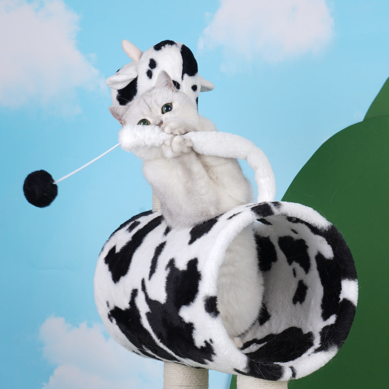 KFX-9310397 Cow Print Cat Climbing Frame with Scratching Post and Shelf for Playtime