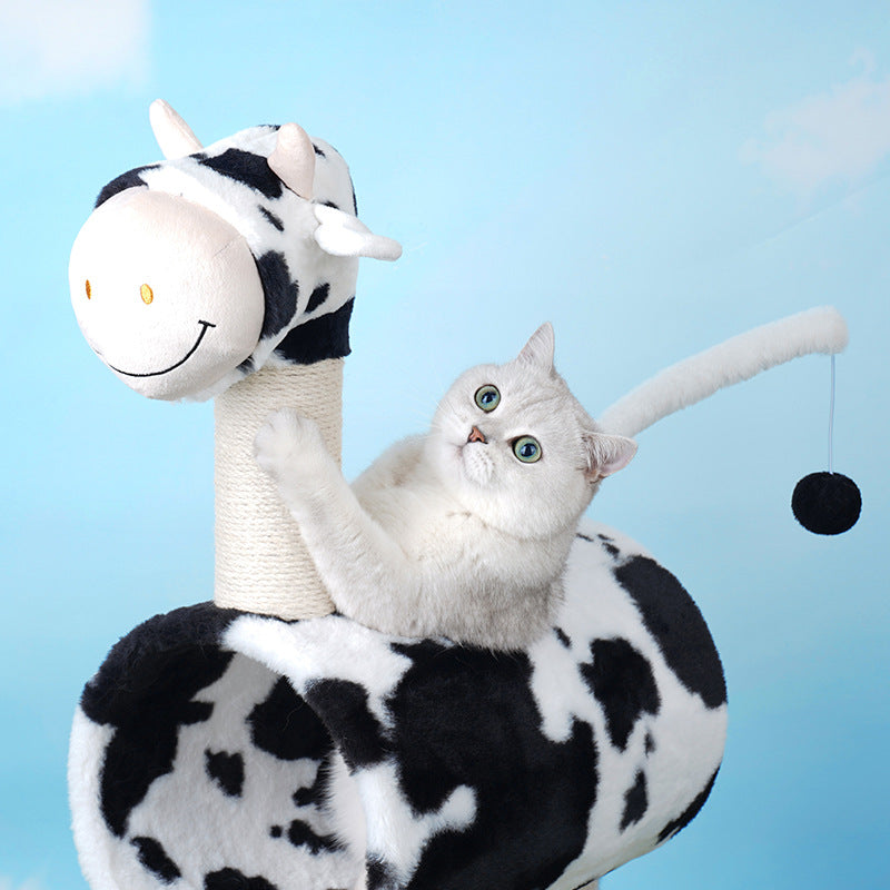 KFX-9310397 Cow Print Cat Climbing Frame with Scratching Post and Shelf for Playtime
