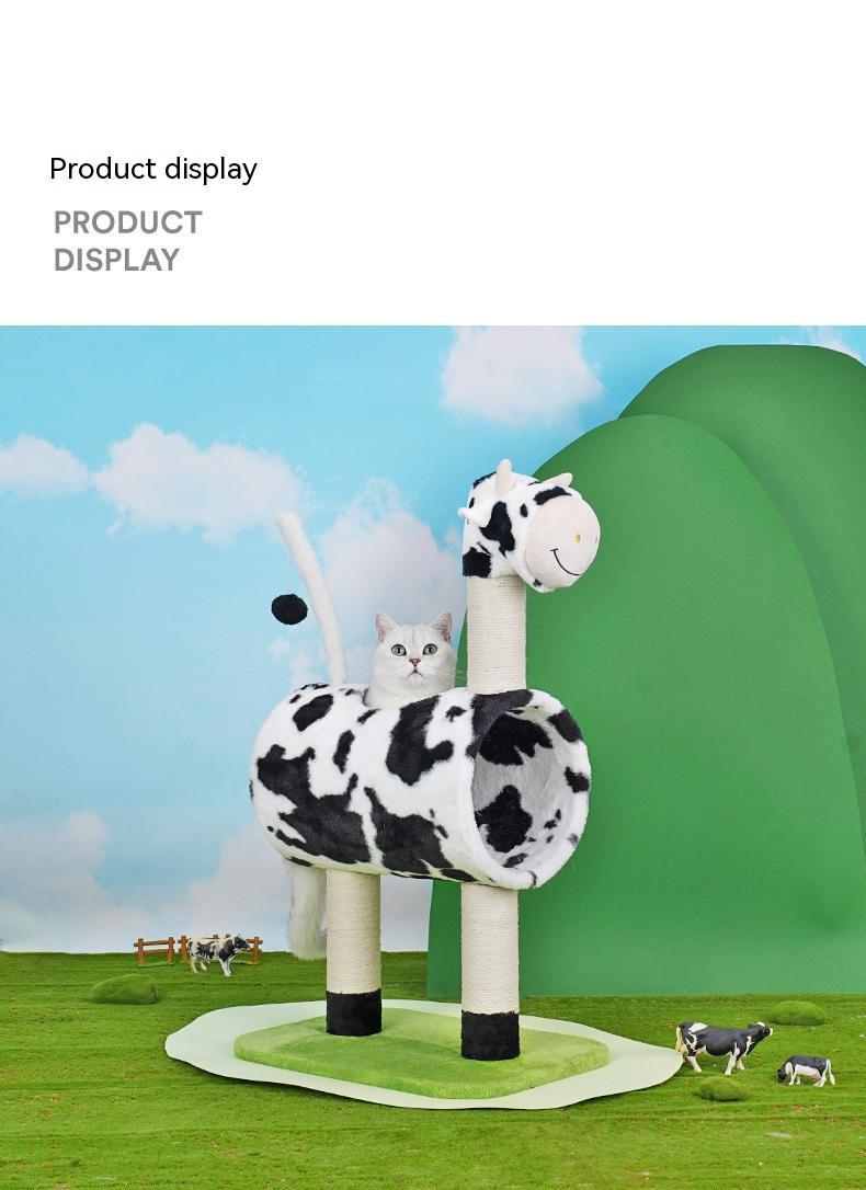 KFX-9310397 Cow Print Cat Climbing Frame with Scratching Post and Shelf for Playtime