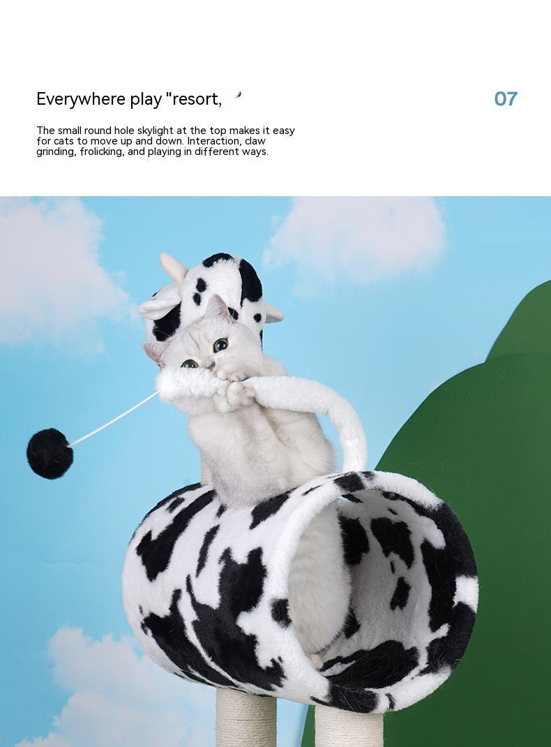 KFX-9310397 Cow Print Cat Climbing Frame with Scratching Post and Shelf for Playtime