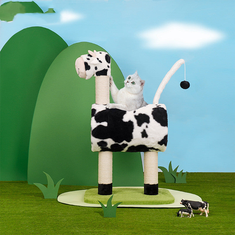 KFX-9310397 Cow Print Cat Climbing Frame with Scratching Post and Shelf for Playtime