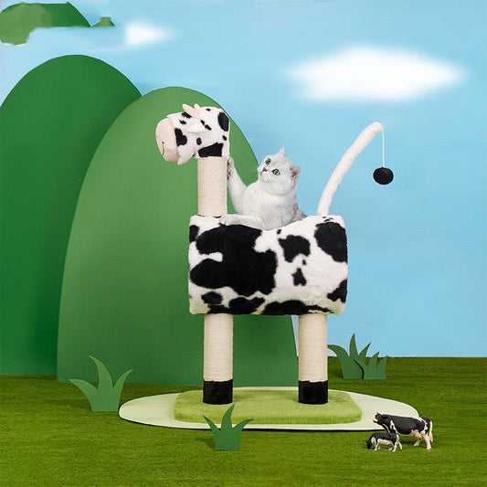 KFX-9310397 Cow Print Cat Climbing Frame with Scratching Post and Shelf for Playtime