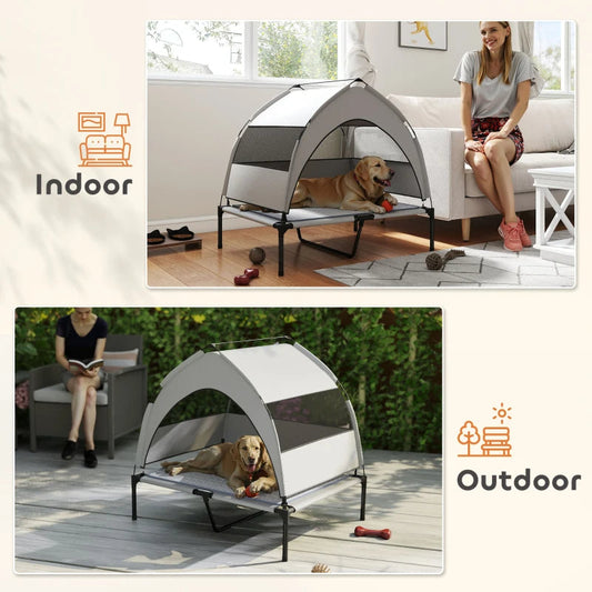 KFX-9310781 Elevated Dog Bed with Removable Canopy, Portable Outdoor Pet Cot with Cooling Pad and Storage Bag