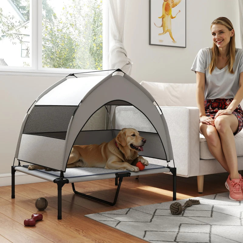 KFX-9310781 Elevated Dog Bed with Removable Canopy, Portable Outdoor Pet Cot with Cooling Pad and Storage Bag