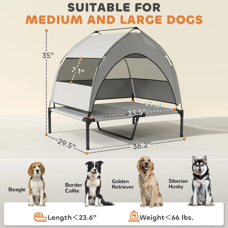 KFX-9310781 Elevated Dog Bed with Removable Canopy, Portable Outdoor Pet Cot with Cooling Pad and Storage Bag