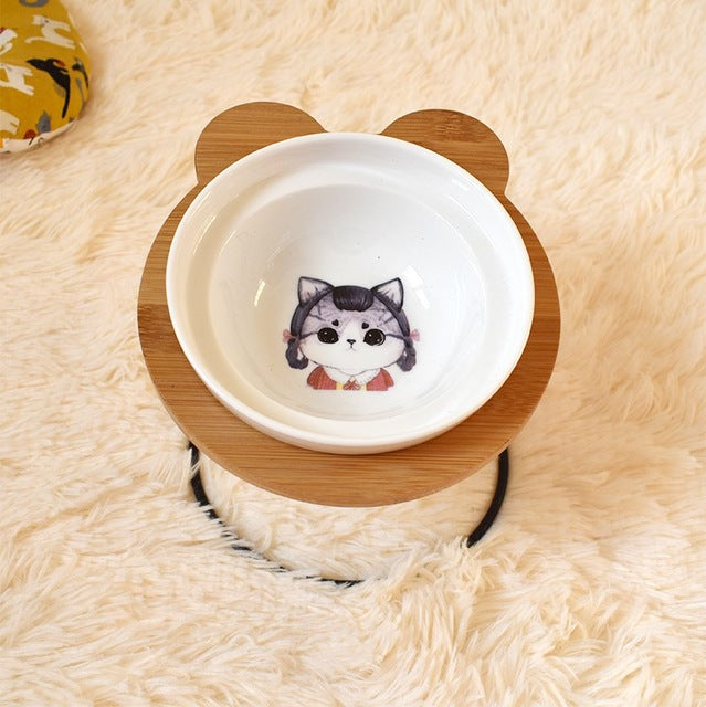 KFX-9313085 Ceramic Cat Bowl Holder with Rack – Various Colors and Single/Double Bowl Options