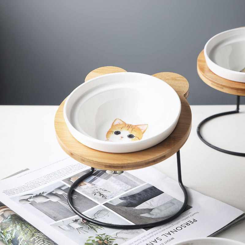 KFX-9313085 Ceramic Cat Bowl Holder with Rack – Various Colors and Single/Double Bowl Options