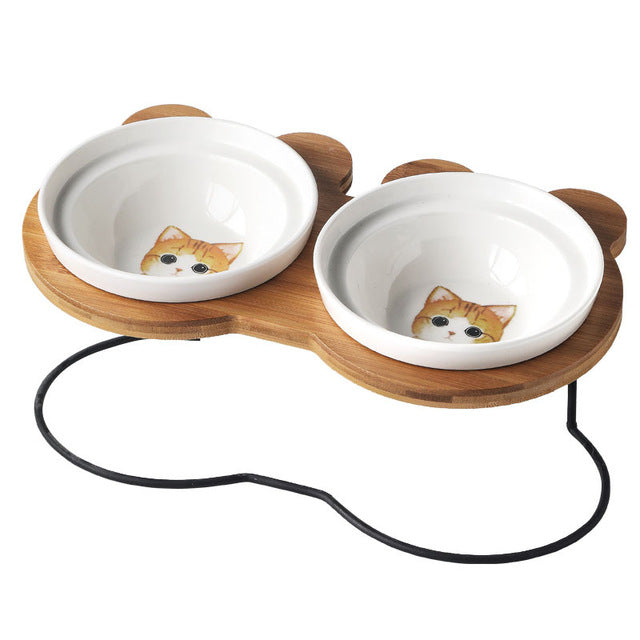 KFX-9313085 Ceramic Cat Bowl Holder with Rack – Various Colors and Single/Double Bowl Options