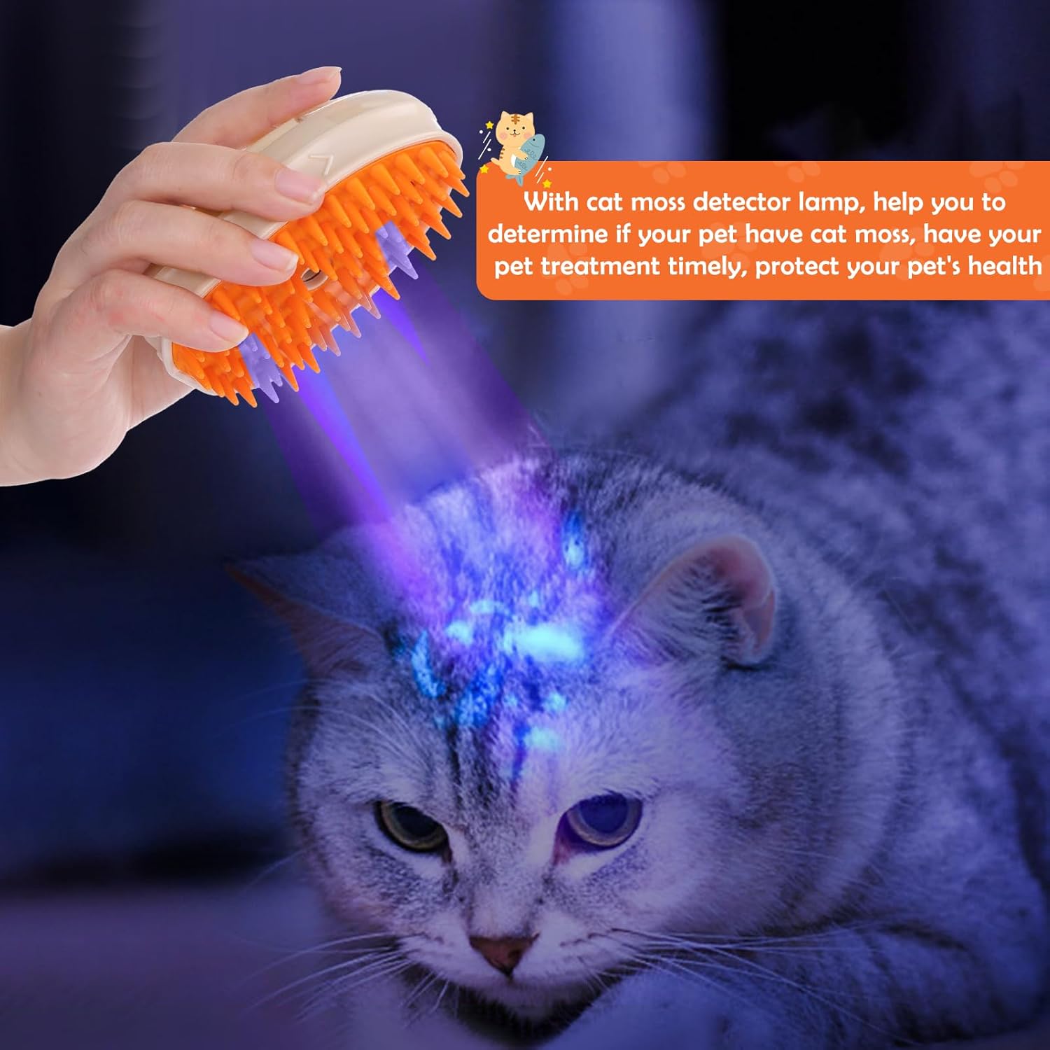 KFX-9314365 4-in-1 Steamy Cat Brush with Vibration Massage, Water Spray, and Ringworm Detector for Grooming and Shedding Control