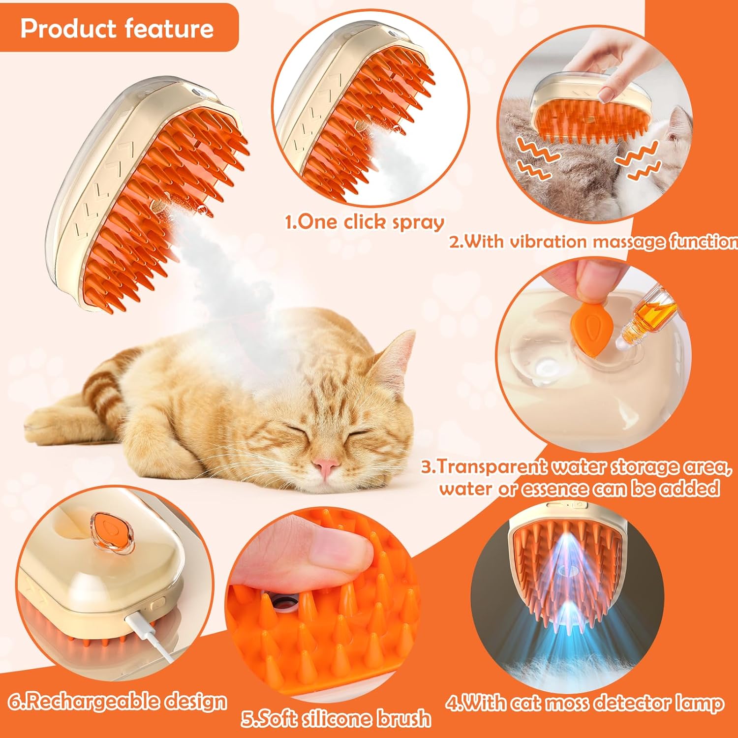 KFX-9314365 4-in-1 Steamy Cat Brush with Vibration Massage, Water Spray, and Ringworm Detector for Grooming and Shedding Control