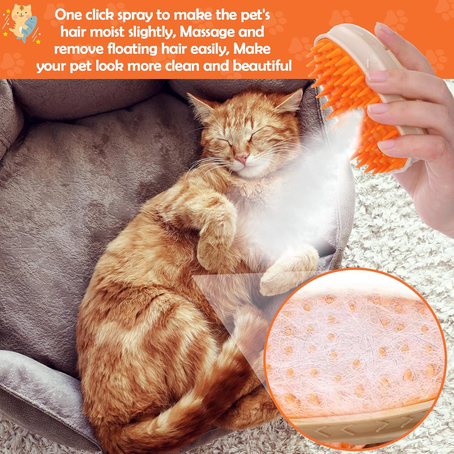 KFX-9314365 4-in-1 Steamy Cat Brush with Vibration Massage, Water Spray, and Ringworm Detector for Grooming and Shedding Control