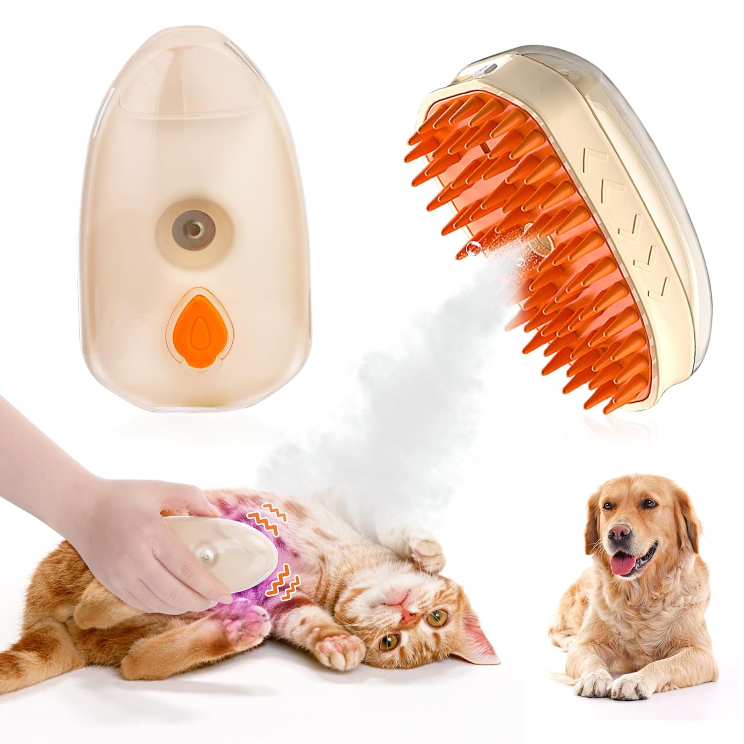 KFX-9314365 4-in-1 Steamy Cat Brush with Vibration Massage, Water Spray, and Ringworm Detector for Grooming and Shedding Control