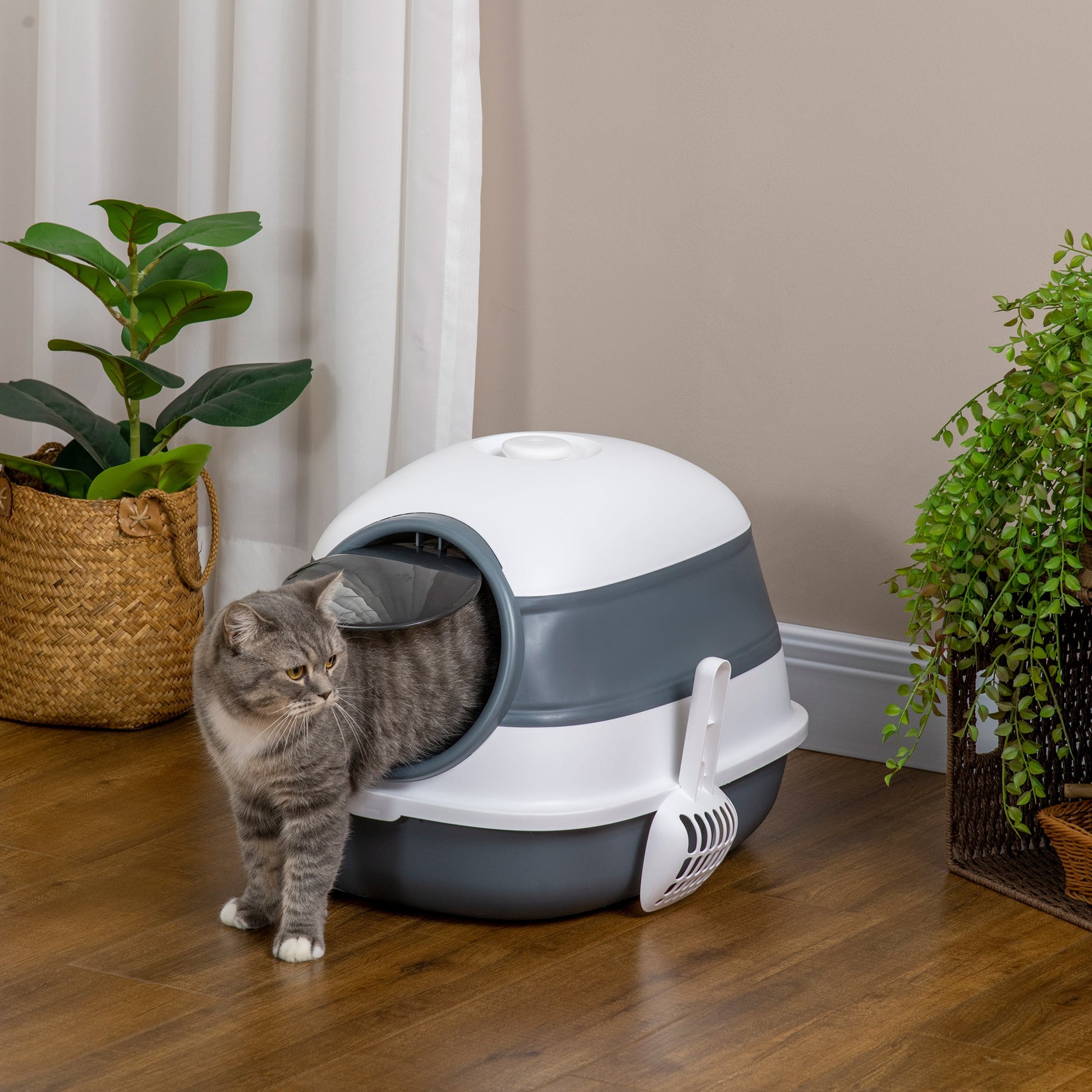 KFX-9318333 Dome Covered Cat Litter Box with Lid, White and Gray, Features Privacy Door, Grate, and Litter Scoop
