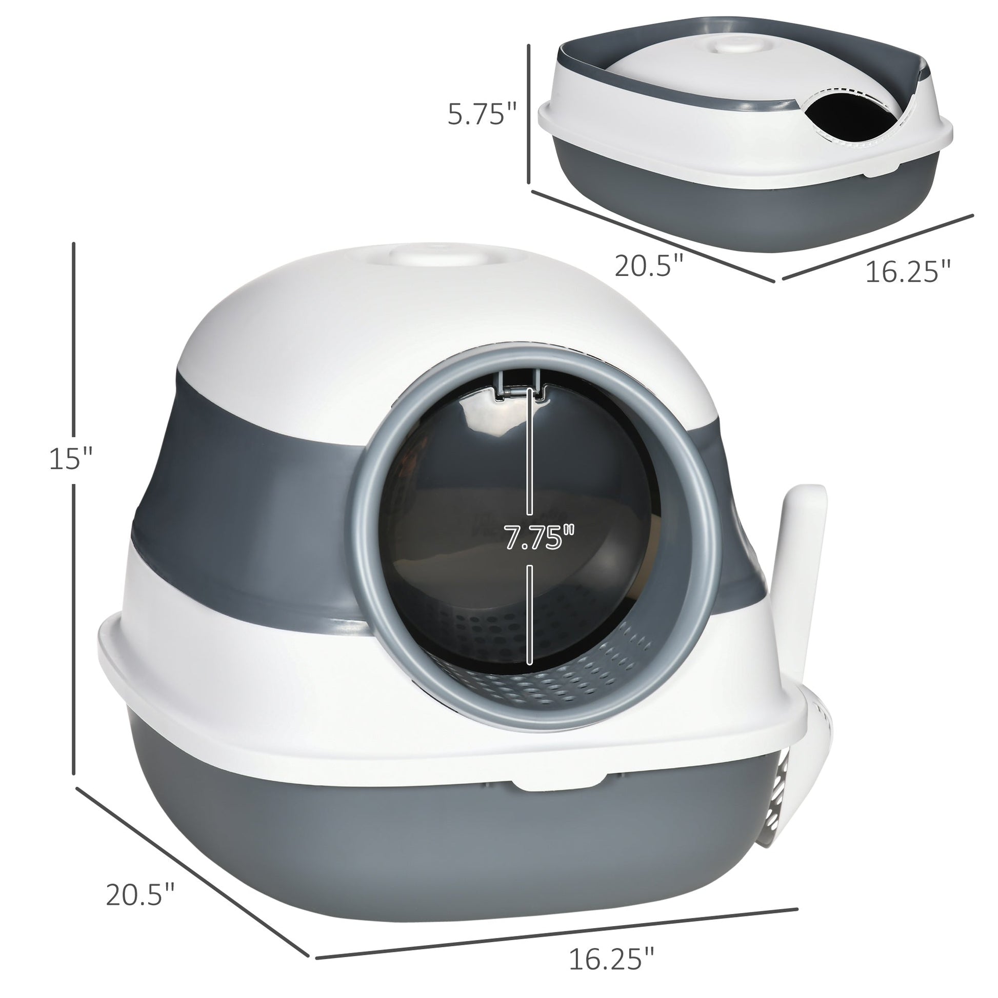 KFX-9318333 Dome Covered Cat Litter Box with Lid, White and Gray, Features Privacy Door, Grate, and Litter Scoop