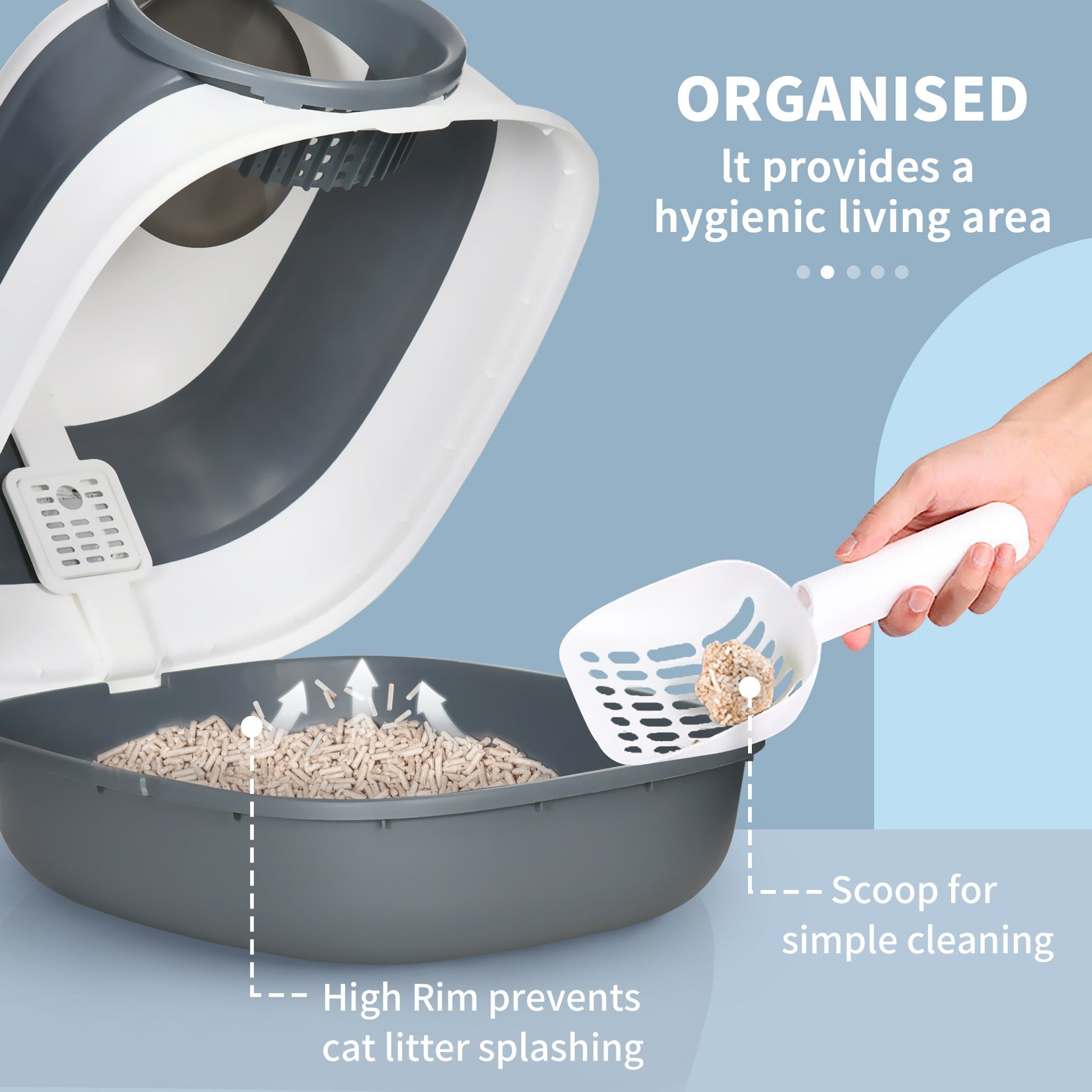 KFX-9318333 Dome Covered Cat Litter Box with Lid, White and Gray, Features Privacy Door, Grate, and Litter Scoop