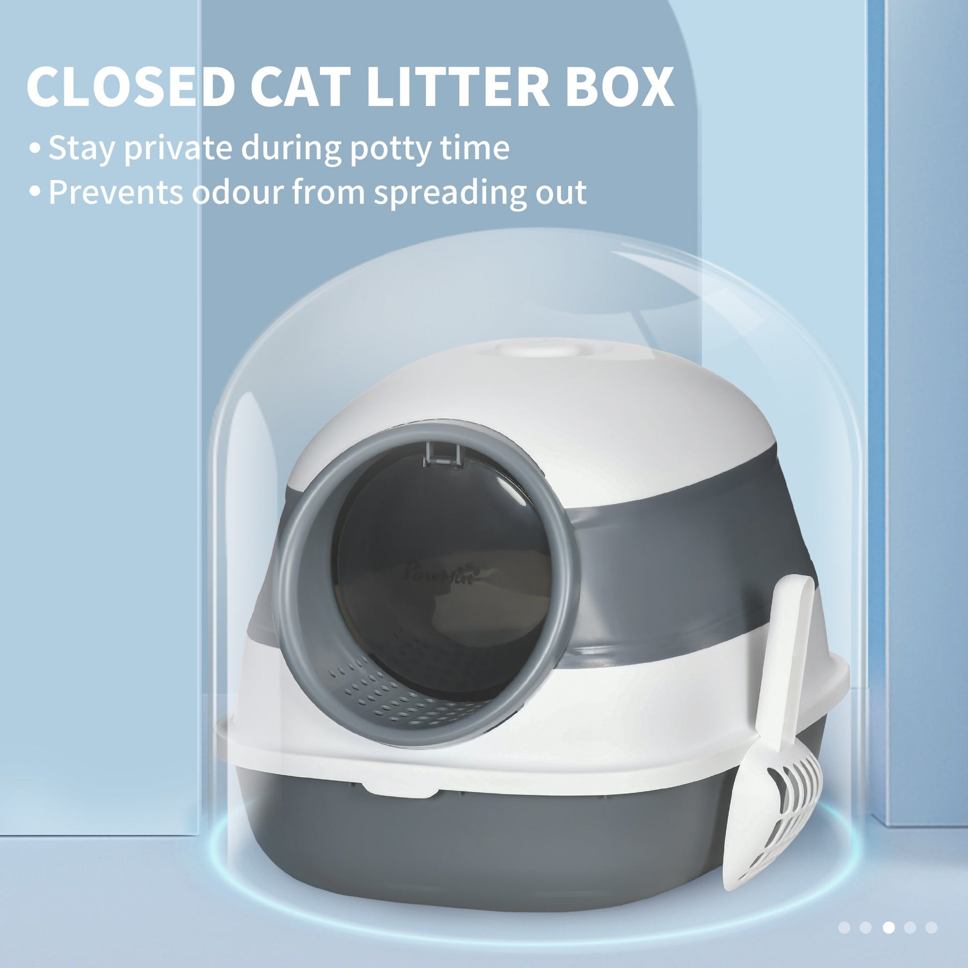 KFX-9318333 Dome Covered Cat Litter Box with Lid, White and Gray, Features Privacy Door, Grate, and Litter Scoop