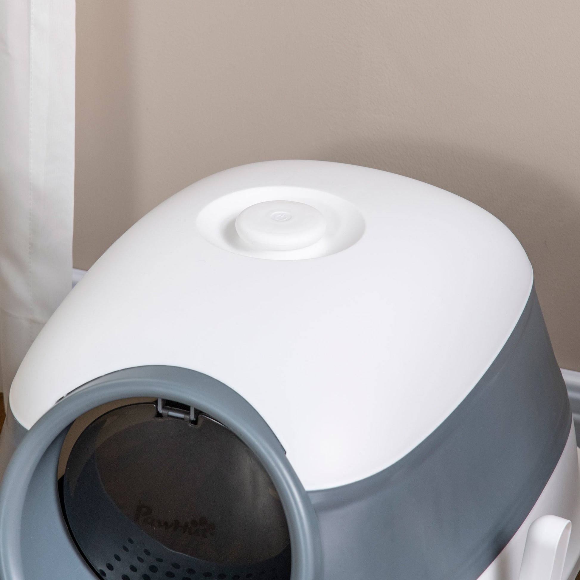 KFX-9318333 Dome Covered Cat Litter Box with Lid, White and Gray, Features Privacy Door, Grate, and Litter Scoop