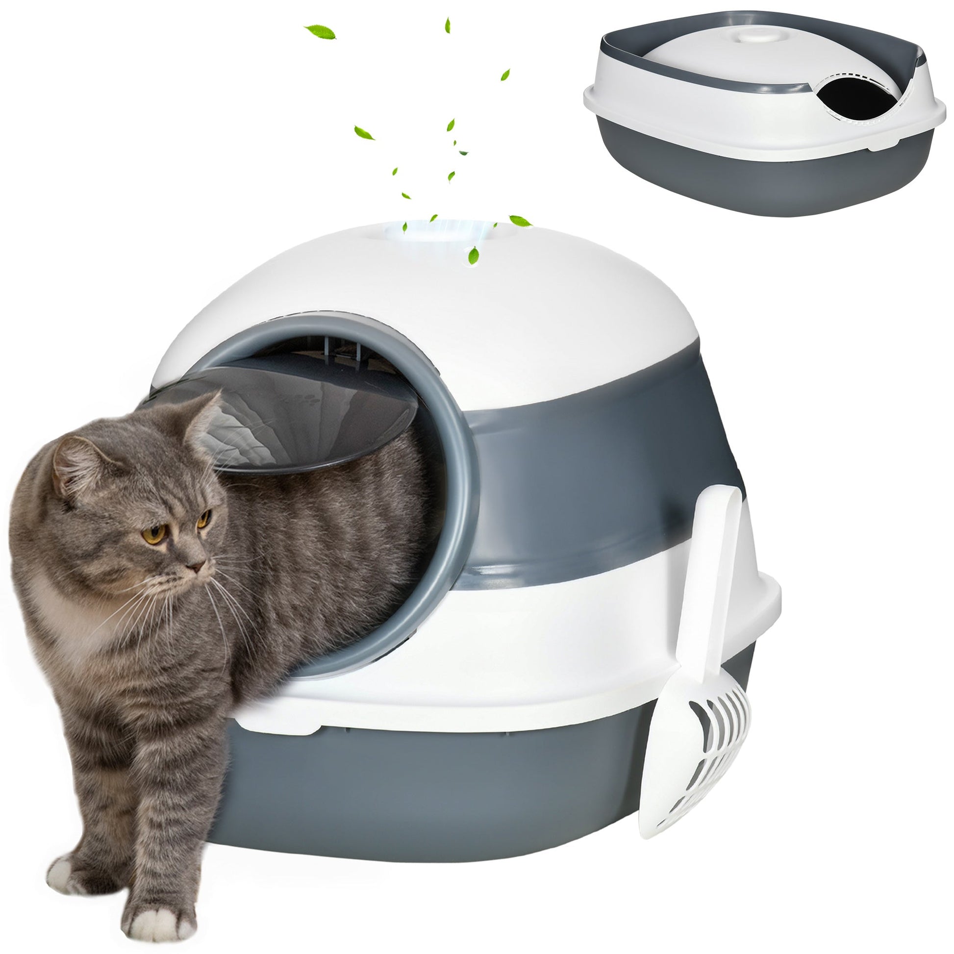 KFX-9318333 Dome Covered Cat Litter Box with Lid, White and Gray, Features Privacy Door, Grate, and Litter Scoop