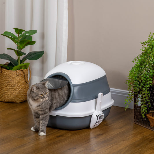 KFX-9318333 Dome Covered Cat Litter Box with Lid, White and Gray, Features Privacy Door, Grate, and Litter Scoop