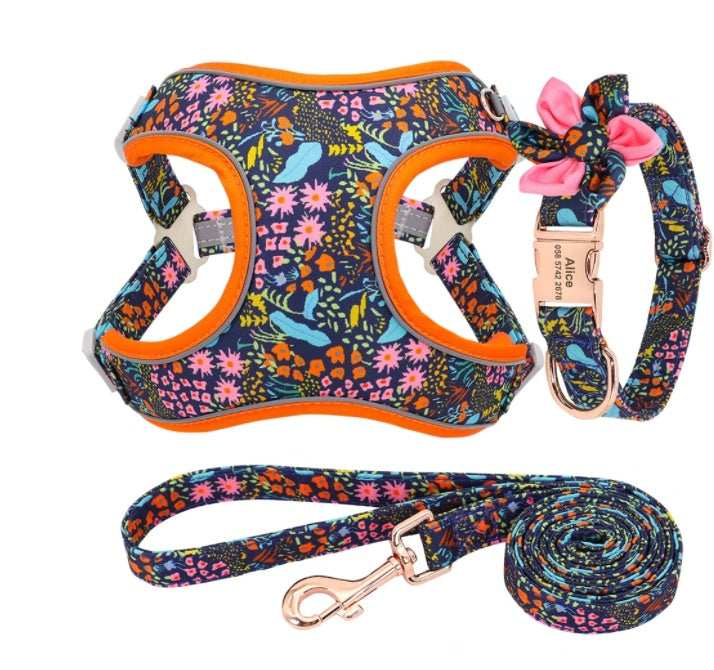 KFX-9321917 Small Dog Vest with Collar, Strap, and Chain - Adjustable Polyester in Cactus Print