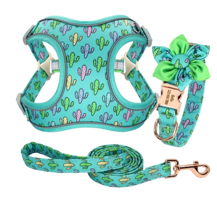 KFX-9321917 Small Dog Vest with Collar, Strap, and Chain - Adjustable Polyester in Cactus Print