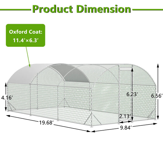KFX-9332029 Large Metal Chicken Coop with Waterproof Dome Cover, Walk-In Design for Outdoor Use - 9.84' x 19.68' x 6.56'