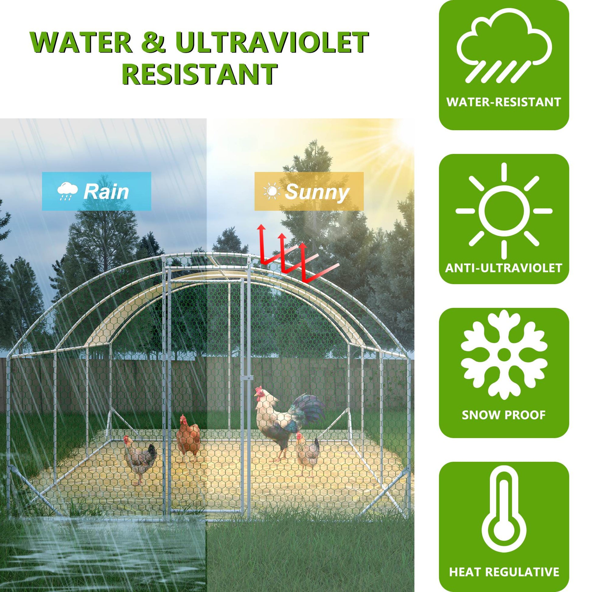 KFX-9332029 Large Metal Chicken Coop with Waterproof Dome Cover, Walk-In Design for Outdoor Use - 9.84' x 19.68' x 6.56'