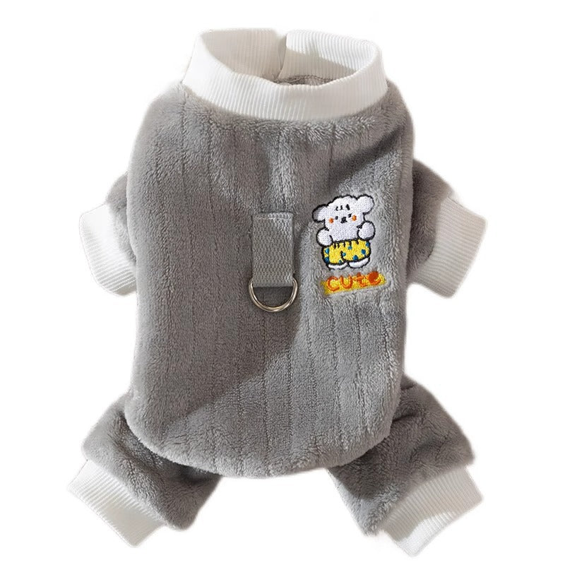 KFX-9332925 Cute Bear Plush Dog Jumpsuit with Leash Ring - Cozy Winter Pet Coat for Small Dogs