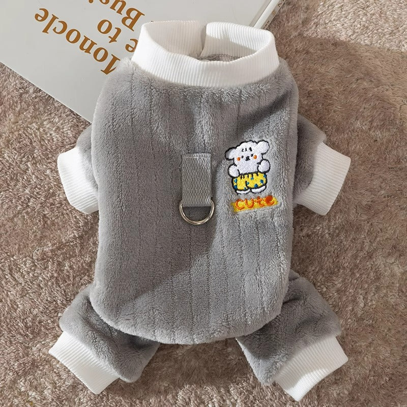 KFX-9332925 Cute Bear Plush Dog Jumpsuit with Leash Ring - Cozy Winter Pet Coat for Small Dogs