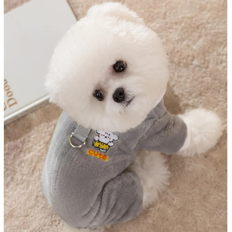 KFX-9332925 Cute Bear Plush Dog Jumpsuit with Leash Ring - Cozy Winter Pet Coat for Small Dogs