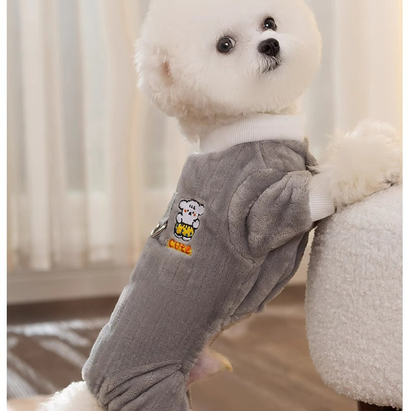 KFX-9332925 Cute Bear Plush Dog Jumpsuit with Leash Ring - Cozy Winter Pet Coat for Small Dogs