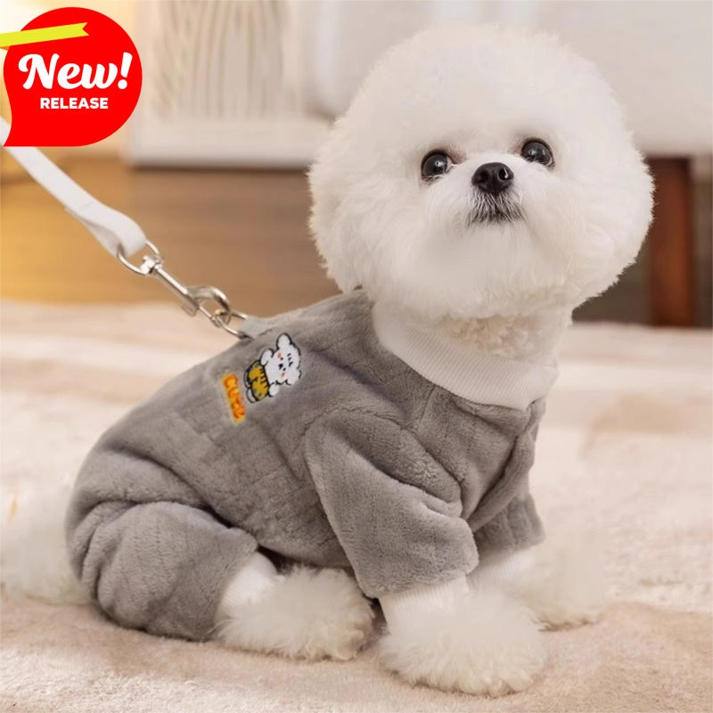 KFX-9332925 Cute Bear Plush Dog Jumpsuit with Leash Ring - Cozy Winter Pet Coat for Small Dogs