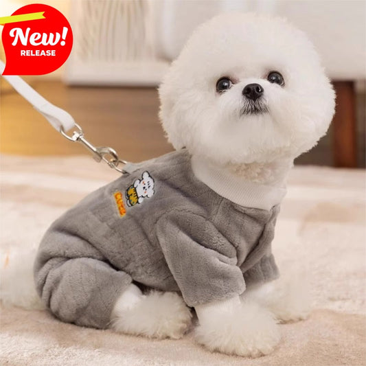 KFX-9332925 Cute Bear Plush Dog Jumpsuit with Leash Ring - Cozy Winter Pet Coat for Small Dogs
