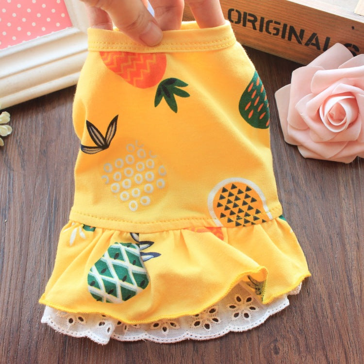 KFX-9336509 Summer Cotton Pet Skirt and T-Shirt Set for Small Dogs and Cats in Pineapple Designs