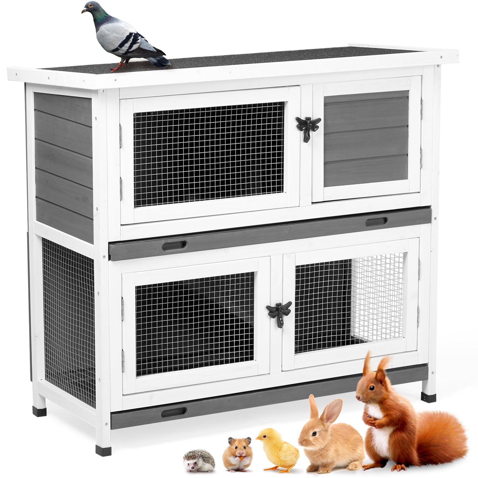 KFX-9337789 2-Story Rabbit Hutch with Tray, Weather-Resistant Grey Cedar Housing for Small Pets