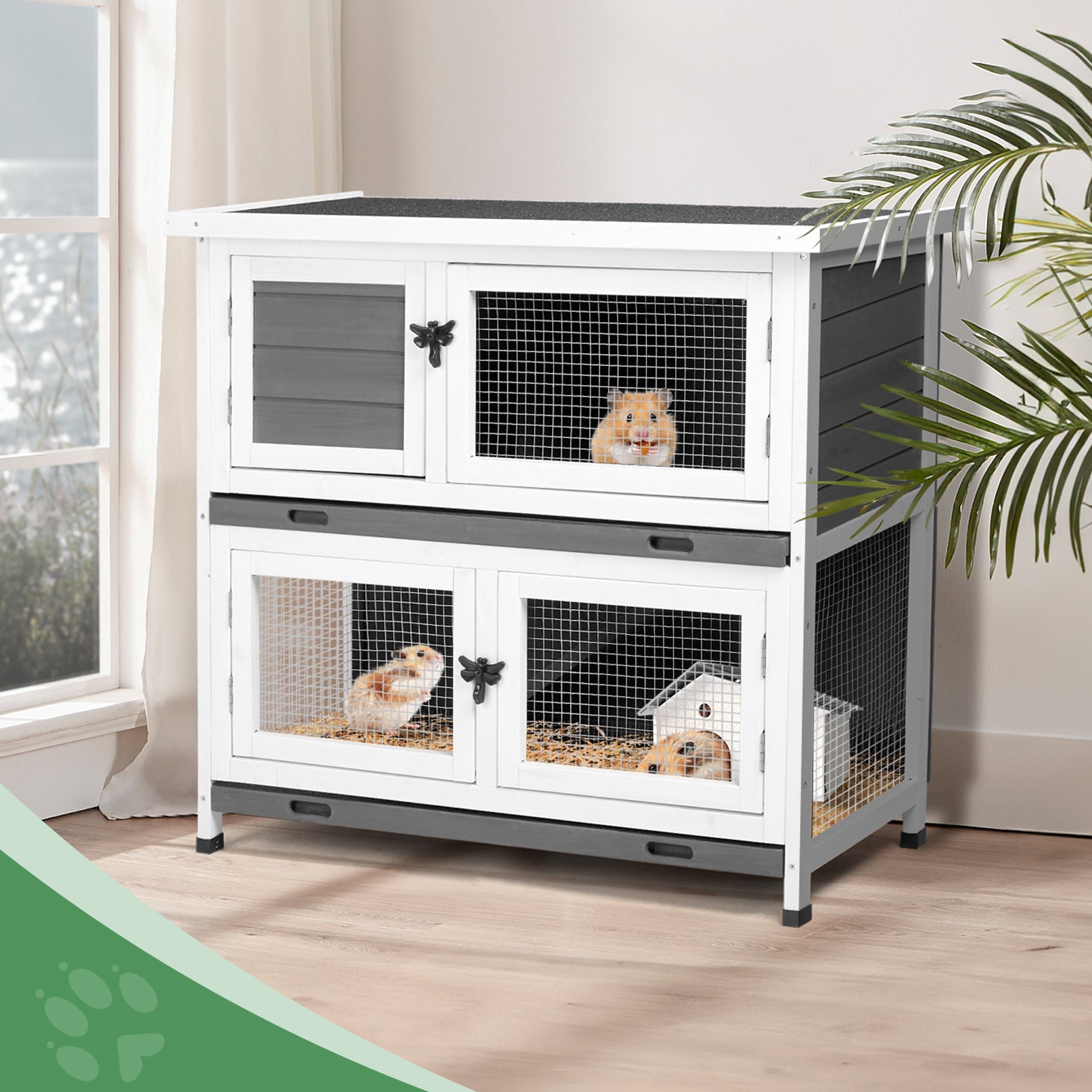 KFX-9337789 2-Story Rabbit Hutch with Tray, Weather-Resistant Grey Cedar Housing for Small Pets